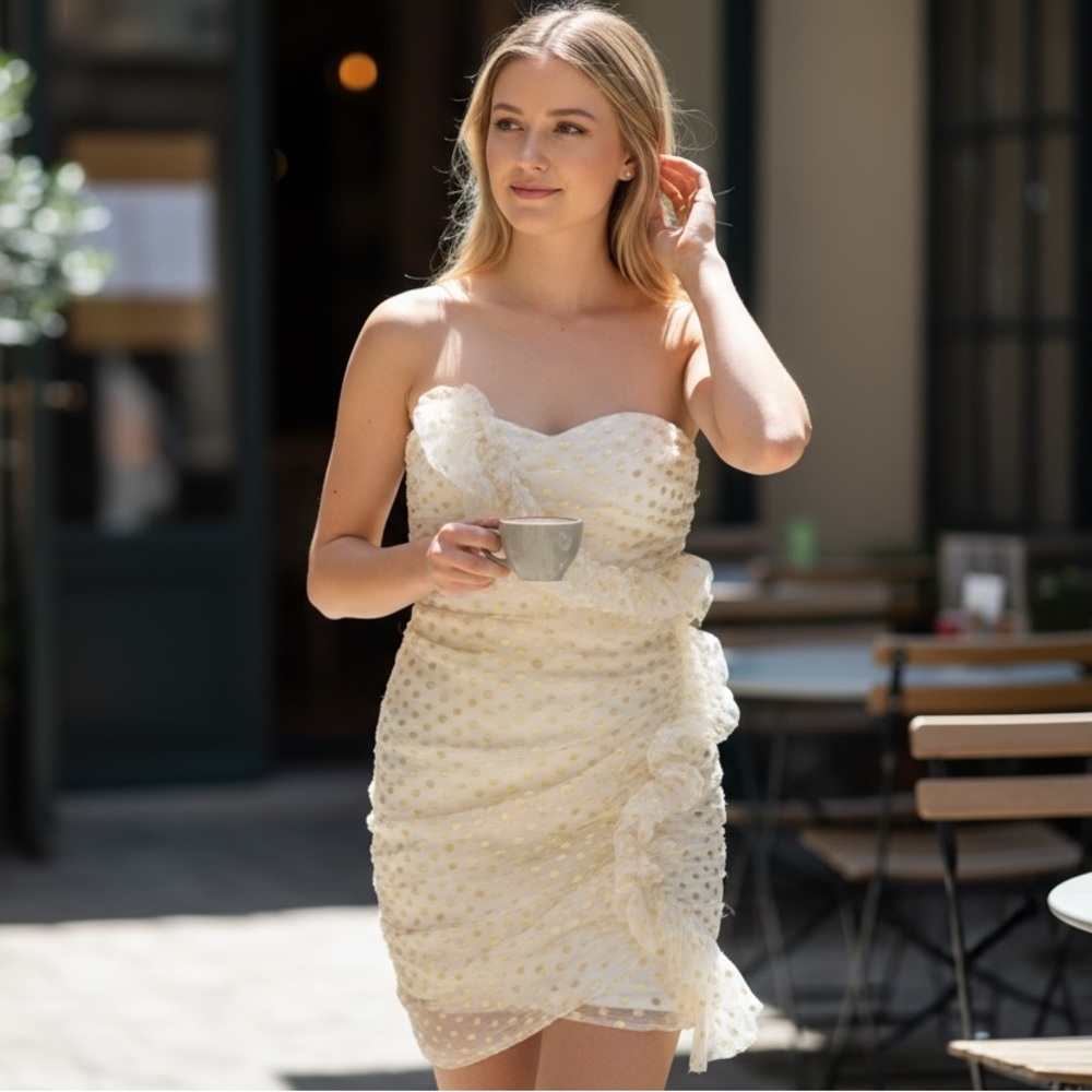 NBD Strapless Ruched Polka Dot Midi Dress Ivory